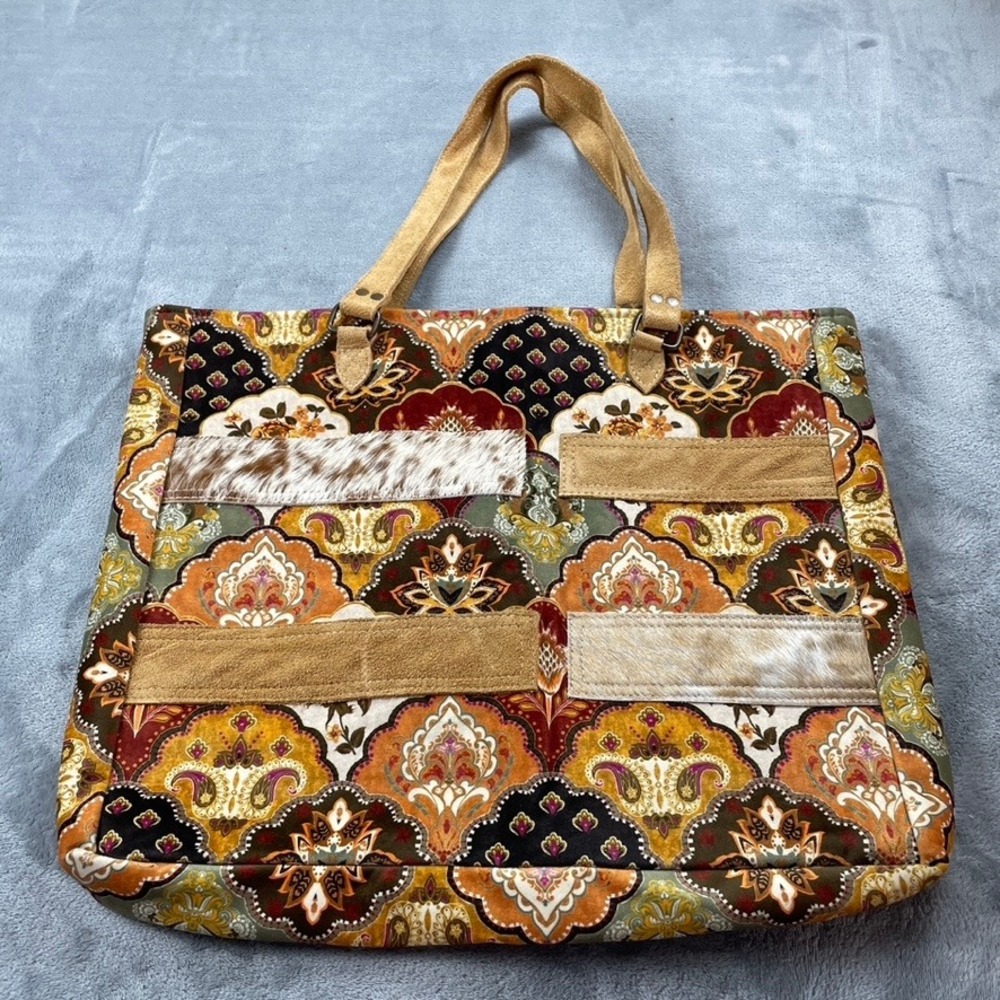 Hopofly Paisley Floral Tapestry Tote Bag Cowhide Suede Patchwork Tan Canvas